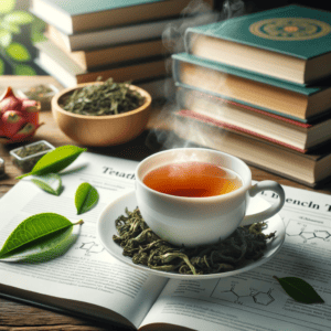 steaming cup of green tea on a wooden table with fresh Camellia sinensis leaves scattered around.