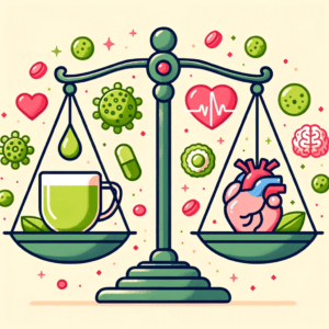 green tea on one side and icons of heart, brain, and cells on the other, symbolizing the health benefit