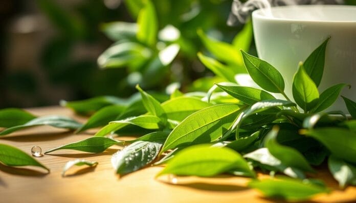 green tea steeped with leaves
