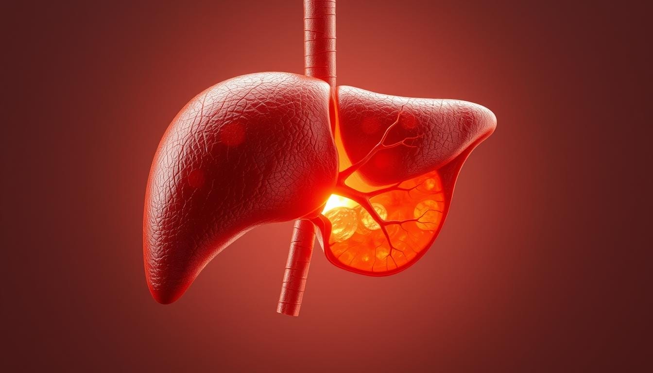 A high-resolution, photorealistic image of a human liver, shown in cross-section, with detailed anatomical structures and textures. The liver should be rendered in warm, earthy tones, illuminated by soft, natural lighting that casts subtle shadows, conveying a sense of depth and volume. The background should be simple and minimalist, allowing the liver to be the central focus. The overall mood should be informative and medical, but with a touch of elegance and scientific precision.