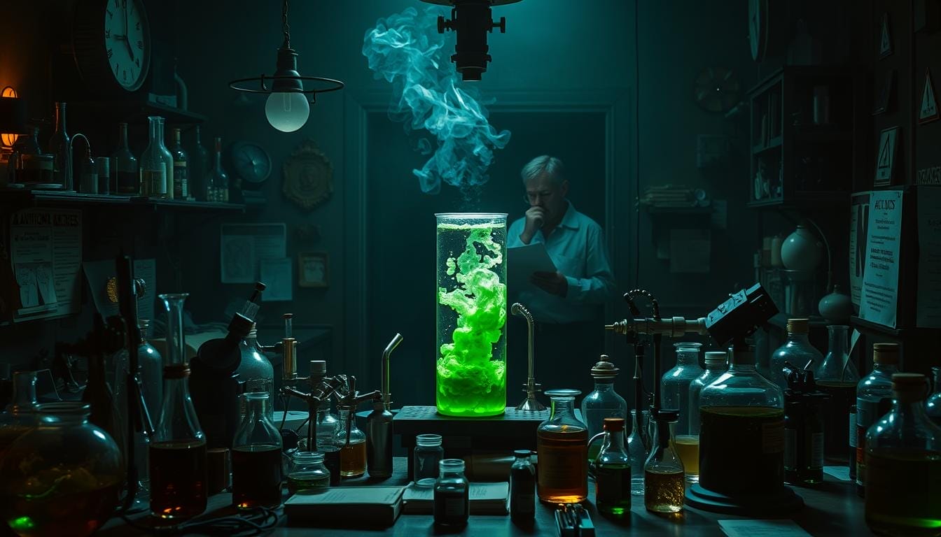 A dimly lit, ornate laboratory setting. In the foreground, a cluttered workbench with various scientific instruments, beakers, and vials of differently colored liquids. In the middle ground, a large glass apparatus with bubbling, emerald-hued liquid. Surrounding this, an array of cautionary labels, warning symbols, and safety equipment. In the background, a shadowy figure examining a document, with a look of concern on their face. Dramatic chiaroscuro lighting, creating deep shadows and highlights, conveying a sense of danger and uncertainty. The overall atmosphere is one of scientific inquiry gone awry, hinting at the potential risks and hazards of improper handling or consumption of green tea.