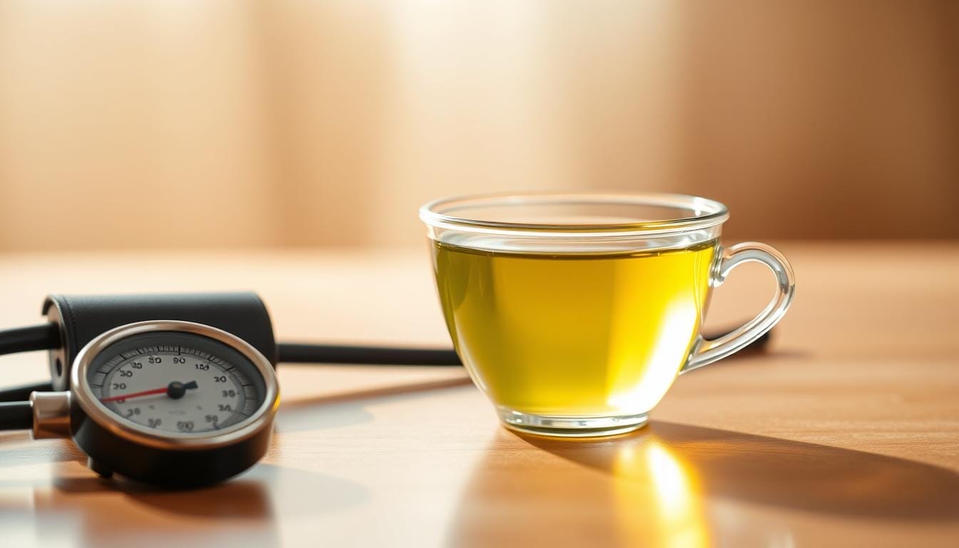 A serene scene unfolds, showcasing a delicate porcelain cup filled with vibrant green tea, its earthy aroma wafting through the air. In the foreground, the tea's reflection ripples, creating a captivating interplay of light and shadow. Beside the cup, a medical sphygmomanometer rests, its red gauge hinting at the connection between green tea and its impact on blood pressure. The background is softly blurred, emphasizing the focal point and creating a sense of tranquility. Warm, diffused lighting casts a gentle glow, evoking a calming, contemplative atmosphere. This image aims to illustrate the delicate balance between the health benefits of green tea and its potential effects on blood pressure.