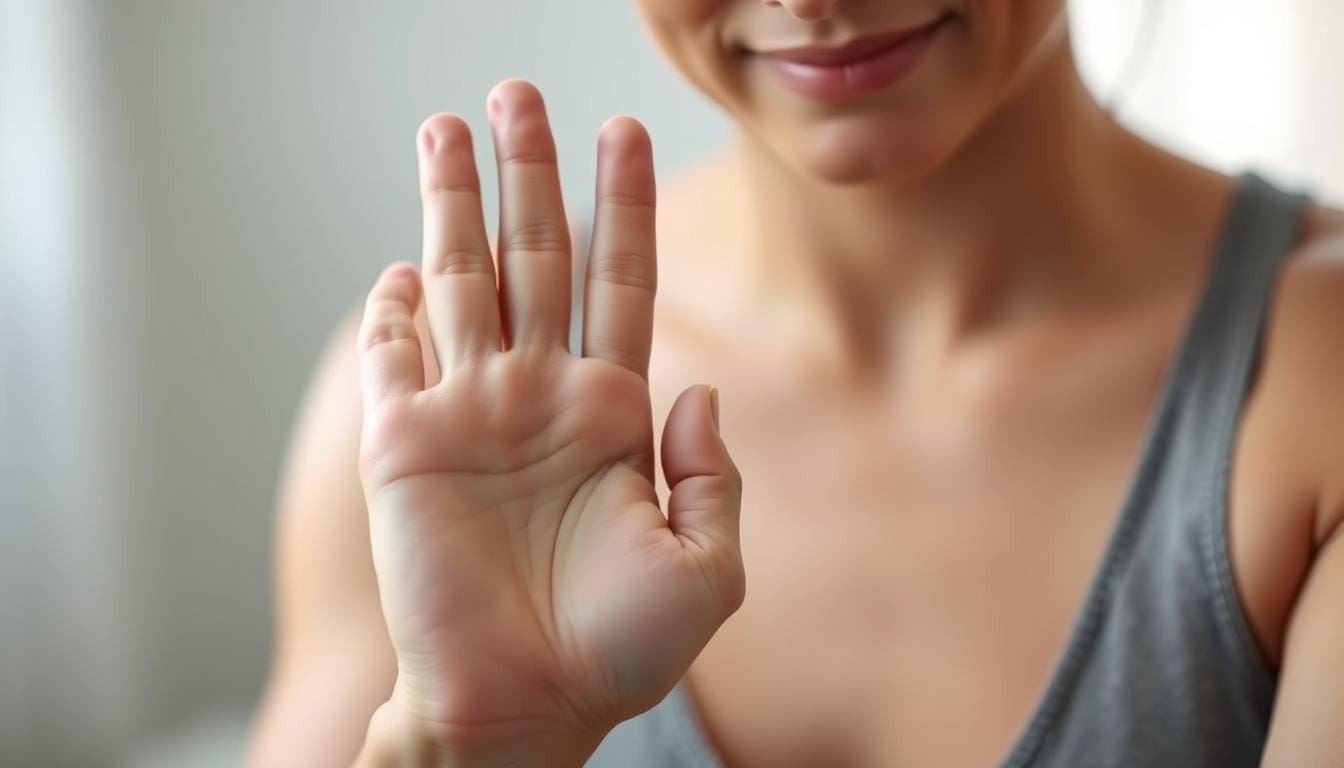 A close-up view of a person's hand pressing firmly on the inside of their wrist, demonstrating an acupressure technique for nausea relief. The fingers are positioned precisely on the acupressure point, with a calm, focused expression on the person's face. The background is softly blurred, creating a peaceful, therapeutic atmosphere. The lighting is soft and diffused, highlighting the delicate skin tones and the subtle muscle engagement in the hand. The image conveys a sense of natural, holistic healing through the skilled application of ancient Eastern medical practices.