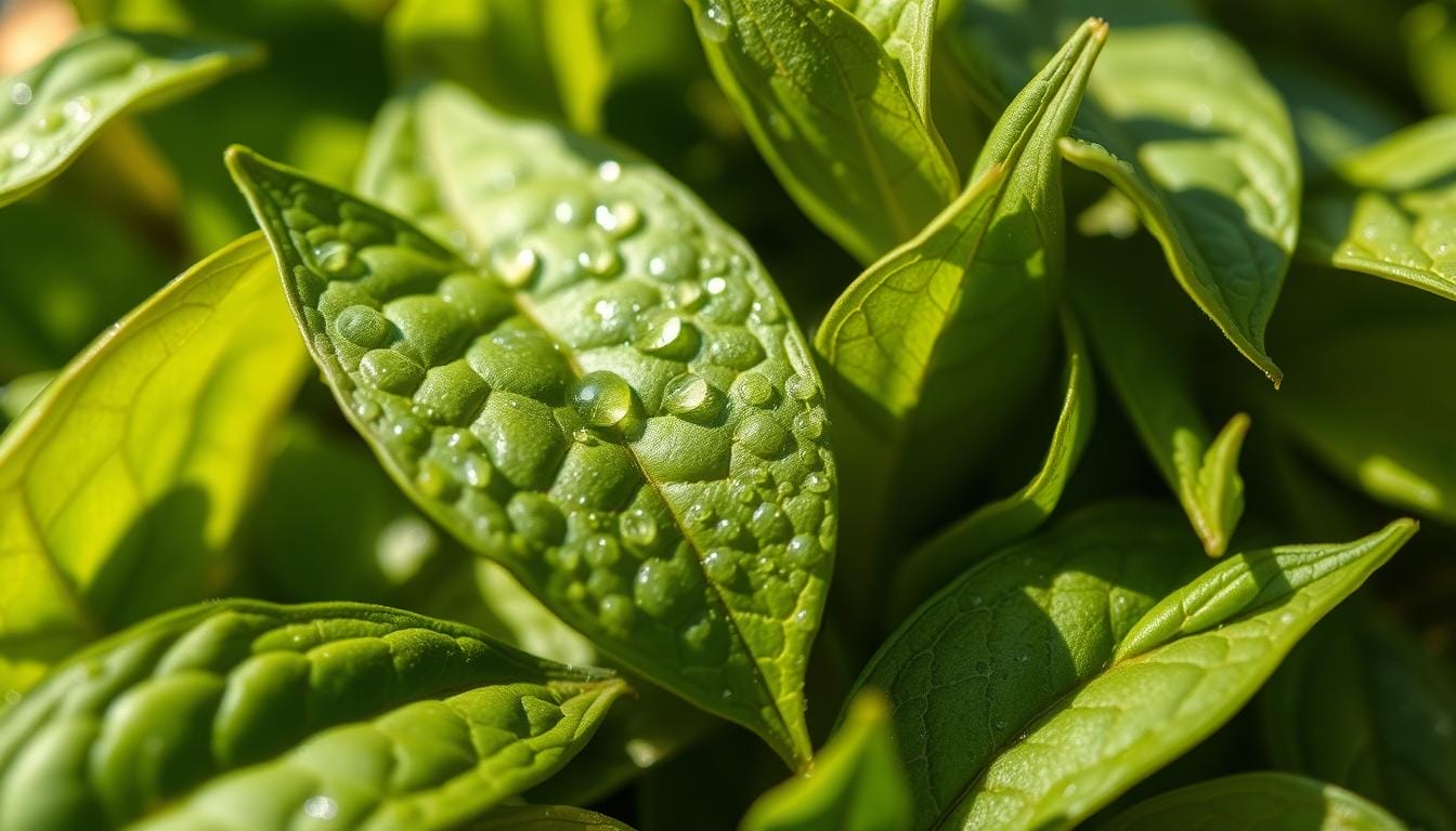 A close-up view of fresh green tea leaves, their delicate surfaces glistening with droplets of moisture. Against a soft, blurred background, the leaves' intricate veins and cellular structures are clearly visible, hinting at the complex chemical compounds - the tannins - that give this tea its distinctive flavor and astringency. Warm, natural light caresses the scene, casting gentle shadows and enhancing the vibrant hues of the foliage. The overall composition conveys a sense of tranquility and scientific study, inviting the viewer to contemplate the role of these vital phytochemicals in the experience of drinking green tea.