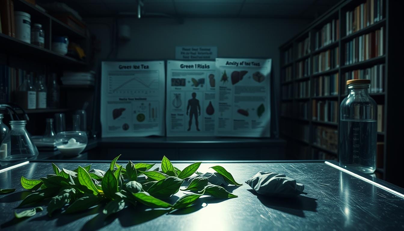 A dimly lit laboratory setting with an array of scientific equipment and glassware. In the foreground, a series of green tea leaves and tea bags are arranged on a steel examination table, casting long shadows. In the middle ground, a series of charts and diagrams depicting potential health risks associated with green tea overconsumption, including elevated heart rate, anxiety, and liver damage. In the background, a floor-to-ceiling bookshelf filled with reference volumes on herbal supplements and medicinal plants. Soft, filtered lighting casts an ominous, cautionary tone over the scene.