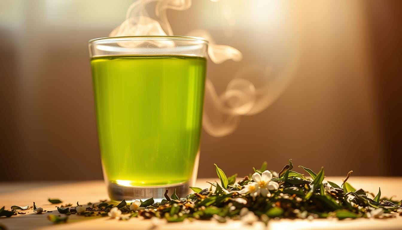 A glass filled with clear green tea, illuminated by warm, natural light from the side. Swirling tendrils of steam rise from the surface, revealing the vibrant green color of the tea. In the foreground, a scattering of loose green tea leaves and a few small white flowers, perhaps jasmine, float on the surface, suggesting the caffeine-containing nature of this beverage. The background is softly blurred, placing the focus on the captivating visual of the tea itself. The overall mood is tranquil and inviting, highlighting the soothing and revitalizing qualities of this healthy drink.