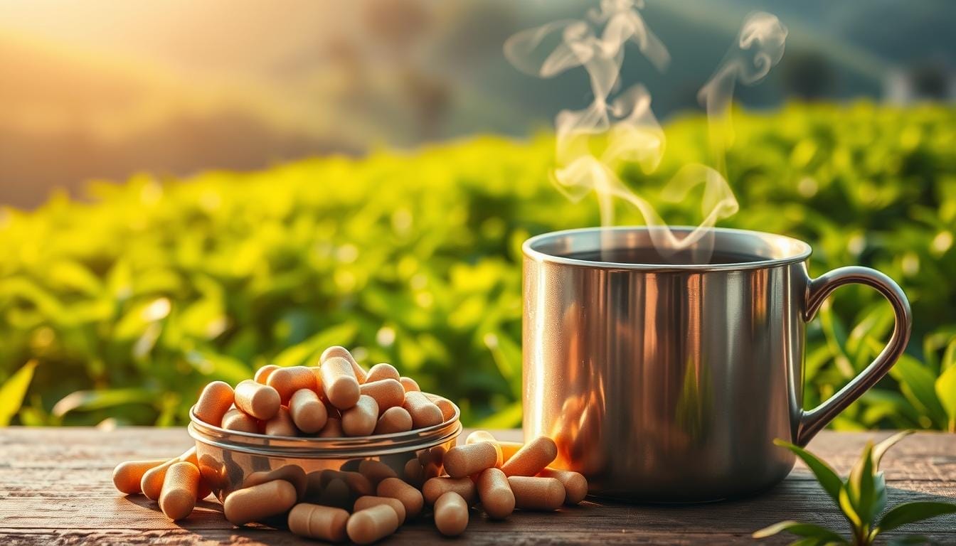 A metallic container filled with iron supplements stands prominently in the foreground, casting a warm, golden glow. In the middle ground, a steaming cup of vibrant green tea emits delicate wisps of fragrant steam. The background features a lush, verdant landscape of flourishing tea plants, bathed in soft, diffused natural lighting that creates a serene, tranquil atmosphere. The composition emphasizes the juxtaposition of the iron-rich supplements and the antioxidant-rich green tea, symbolizing the interplay between the two elements and their potential impact on absorption and overall health.