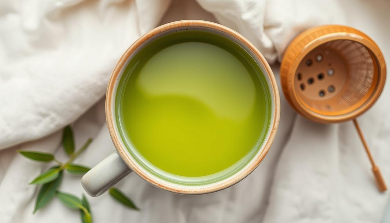 A mug of refreshing green tea, its surface gently rippling with a subtle golden-green hue, sits against a backdrop of soothing neutrals. The cup's smooth ceramic texture is highlighted by soft, diffused lighting, creating a serene and calming atmosphere. Nearby, a few fresh green tea leaves and a tea infuser lend a natural, organic touch, hinting at the drink's pure, low-caffeine origins. This image conveys a sense of tranquility and moderation, perfectly capturing the essence of "less caffeine green tea" to illustrate the section on preventing nausea from green tea consumption.