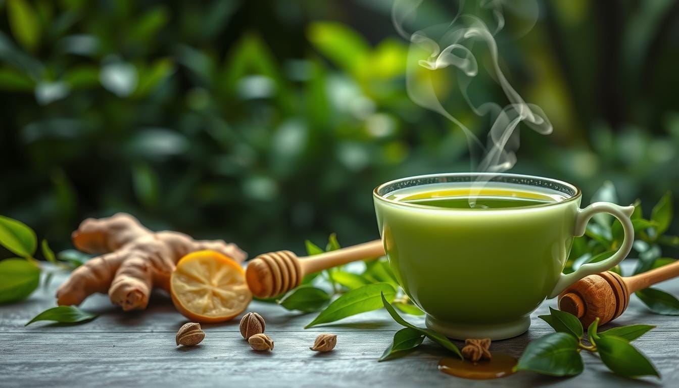 A serene still life scene depicting the health benefits of green tea. In the foreground, a delicate ceramic teacup filled with freshly brewed green tea, its vibrant green hue and wisps of steam conveying its soothing warmth. Surrounding the cup, an assortment of natural elements associated with green tea's healthful properties - fresh green tea leaves, ginger slices, a honey dipper, and a few whole cardamom pods. The middle ground features a lush, verdant backdrop, perhaps a peaceful garden or tranquil forest setting, bathed in soft, diffused natural lighting that imbues the scene with a sense of calm. The overall composition evokes a feeling of balance, simplicity, and the restorative power of this ancient beverage.