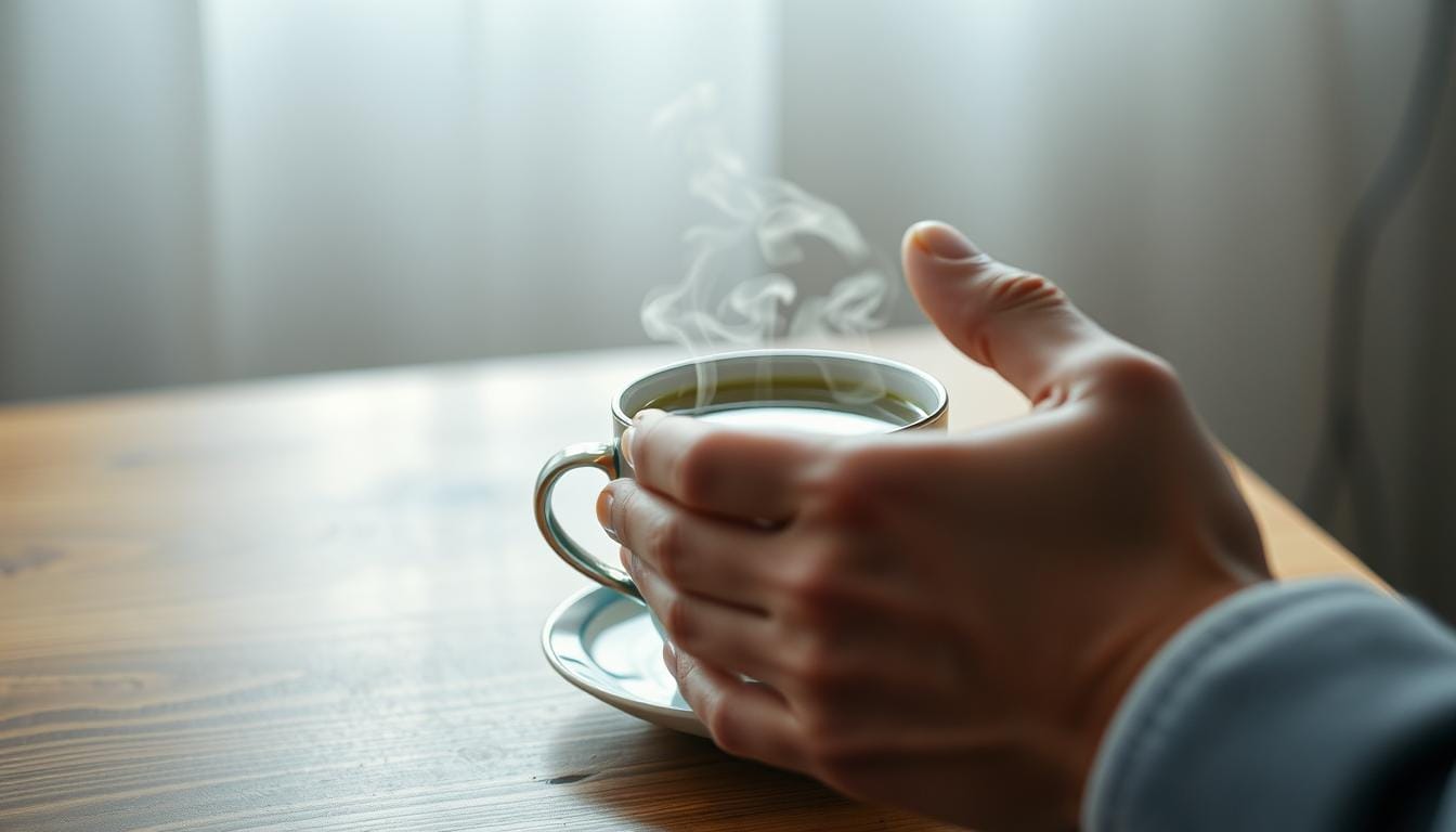 A steaming cup of green tea sits on a wooden table, its fragrant steam curling in the soft lighting. In the foreground, a person's hands tremble slightly, conveying a sense of anxiety and unease. The background is blurred, creating a sense of focus on the interplay between the calming tea and the unsettled state of mind. The image is captured with a shallow depth of field, using a medium-wide lens to emphasize the tension between the elements. The overall mood is one of contemplation and the struggle to find balance in the face of an internal struggle.