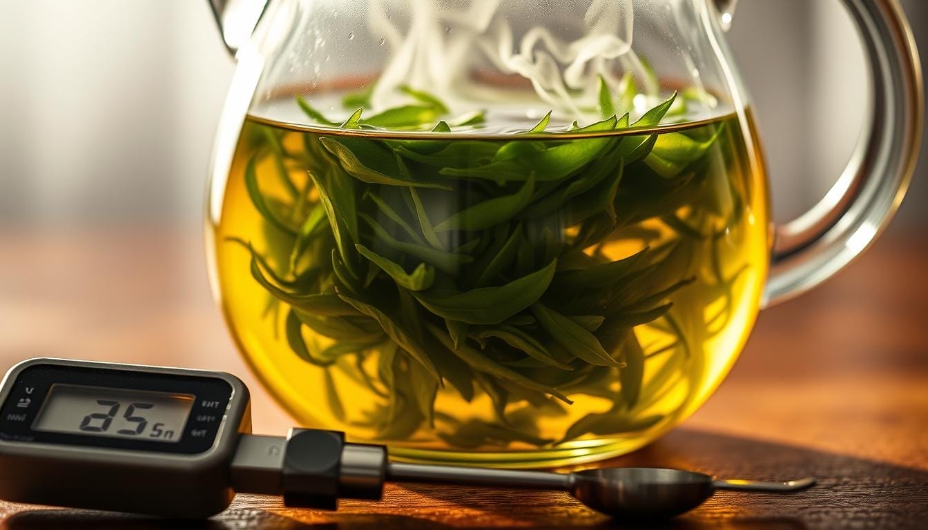 A steaming glass teapot filled with lush green tea leaves, gently swirling in a pool of hot water. The liquid's surface shimmers with a gradient of rich, golden hues, reflecting the nuanced interplay of temperature and concentration. Soft, diffused lighting casts a warm, contemplative glow, accentuating the delicate aromas and subtle complexities of the brewing process. In the foreground, a digital thermometer and a precise measuring spoon provide a visual cue to the scientific principles at work, while the blurred background evokes a sense of tranquility and mindfulness. The scene conveys the refined, yet soothing, nature of tea's ability to soothe the senses and settle the stomach.